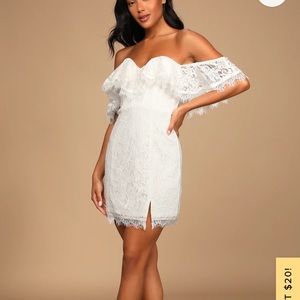 Lulus white lace off the shoulder corseted white dress.